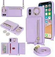 SunYoo for iPhone X/iPhone Xs Crossbody Case with Card Holders Money Slots Zipper Coin Purse Rotatable Ring Kickstand Cover Wristlet Strap Lanyard Litchi Leather Wallet for iPhoneX iPhoneXS Purple