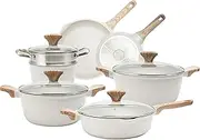 Country Kitchen Nonstick Induction Cookware Sets - 11 Piece Cast Aluminum Pots and Pans with BAKELITE Handles Glass Lids -Cream (YCASPF7 CRM)