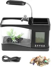 USB Rechargeable Mini Fish Tank Aquarium with LED Light Clock Function for Home Office Decor (Black)