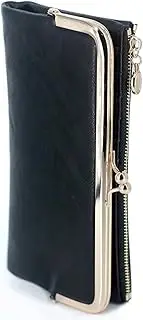 [NaviLeia] Women Ladies Kiss Lock Long Soft Leather Wallets Bifold Wallet Coin Purse Zipper Pouch, Black, Modern
