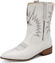 [JOEupin] Womens Western Cowgirl Mid Calf Boots Comfortable Retro Pull On Pointed Toe Wide Calf Chunky Heel Embroidered Cowboy Boots