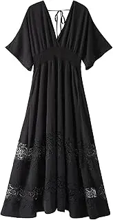 [Olaesa] Women's Lace Maxi Dress Short Sleeve V Neck Party Dress Smocked Waist Boho Maxi Dress Bohemian Dress for Women