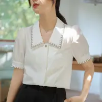 在飛比找蝦皮商城精選優惠-《蘇蘇》韓版 法式 複古 短袖 刺繡 白色 襯衫女 夏季 新