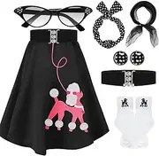 [Breathffy] 1950s Poodle Skirt Costume Outfit for Women Skirt Scarf Belt Sock Eyeglass Headband Earring