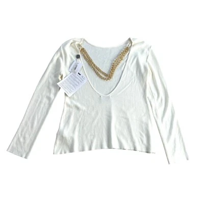 NWT Akep V-Neck Sweater Top Women's Size 40 Off White W/ Chain Minimalist Casual