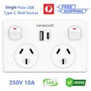 Single Pole FAST Charge 3.6amp USB Type-C Two Power Point GPO Wall Outlet Supply