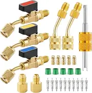 AC Refrigerant Angle Ball Valve Set, Air Conditioner Refrigerant Angled Ball Valve 1/4 to 5/16, R410A Mini Split Adapters with R134A Refrigerant Tank Adapter, Refrigerant Ball Valve Adapter Kit