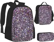 [ERCgad] Sequin Pattern Print Canvas 3-In-1 School Bags Set Backpack Lunch Bag Pencil Case Combo For Men Women, Black, One Size