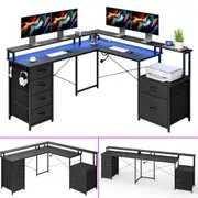Advwin L Shaped Gaming Desk with LED Lights & Power Outlets Convertible Corner Computer Desk with Monitor Stand, Printer Storage Shelf and Drawers Black