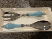 NEW Julia Knight Salad Serving Set Peony Collection Utensils Blue Nickel Plated