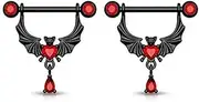 [Niaspi] 14G Black Bat Dangle Nipple Rings for Women Stainless Steel Red CZ Bats Nipplerings Nipples Barbell Shield Studs Statement Body Piercing Jewelry, 14g, Stainless Steel, no gemstone