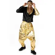 Men`s 1990s Gold Rapper Costume Adult Hip Hop Rap MC Hammer Pants Outfit M - XL