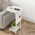 C Shaped End Table with Charging Station, Small Side Table for Couch, TV White