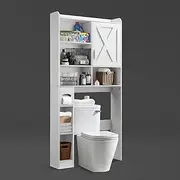 Over The Toilet Storage Rack Farmhouse Style Bathroom Organiser Cabinet Space Saver Freestanding Washer Washing Machine Organisation Laundry Shelf with Paper Holder White