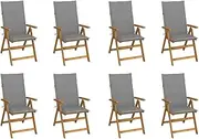 vidaXL 8 pcs Vintage Acacia Wood Folding Garden Chairs Set with Grey Cushions, Adjustable, Space Saving, Easy to Clean
