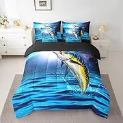 Feelyou Marlin Swordfish Comforter Set Full Size 7 Pieces, Kids Boys Girls Ocean Fishing Bedding Set for All Season, Marine Sea Animal Bed in a Bag with Comforter, Sheets, Pillowcases & Cushion Cover