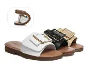 EVERAU® Women Leather Buckle Adjustable Ultra Soft Flat Slides Bera - Black / AU Ladies 10 / AU Men 8 / EU 41