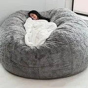 7ft Giant Bean Bag Chair for Adult, Living Room Furniture, Big Round Soft Fluffy Pv Velvet Fur Beanbag Lazy Sofa Bed Cover, (with One Inner Sleeve, No Filler)-Light Gray||6FT