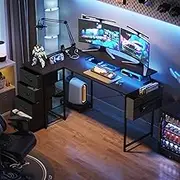 Ufurniture 140cm L-Shaped Gaming Desk with RGB LED Lights & Power Outlets, Reversible Corner Desk with Storage Drawers Writing Workstation with Monitor Stand for Home Office, Black