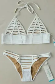 NWT Beach Bunny Hard Summer Long Line Tri Top & Skimpy Bottom, White, Size L