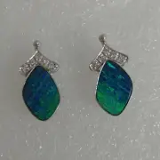 14k solid gold natural Australian opal freeform .10 ct diamond stud earrings