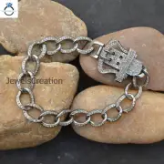 Pave Diamond Belt Buckle Link Chain Bracelet 925 Solid Silver Handmade Jewelry