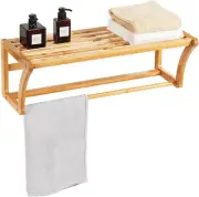 Giantex Bamboo Towel Rack, Wall Floating Shelf with Towel Bar, Wall-Mounted Stor