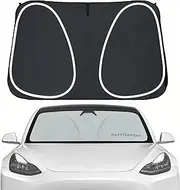 AUTOATOZ Windshield Sunshade 2023 Upgraded for Tesla Model 3 Model Y Front Car Window Sun Shade Cover, Foldable Sun Visor Protector Blocking UV Rays Heat, Panda Eyes Design for Tesla Accessories