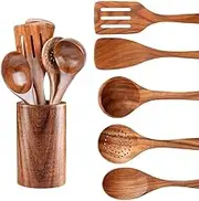 Natural Acacia Wooden Kitchen Utensil Set, 6 Piece Comfortable Grip Cooking Spoons and Tools, Includes Spatula and Spoon
