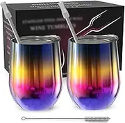 CHILLOUT LIFE Stainless Steel Wine Tumblers 2 Pack 12 oz - Double Wall Vacuum Insulated Wine Cups with Lids and Straws Set for Coffee, Wine, Cocktails (Rainbow)
