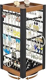 keomaisyto Rotating Earring Holder, Jewelry Holder Organizer with Ring Tray/Necklace/Bracelet Hooks, 360°Earring Organizer with Stable Bamboo Base for Jewelry Display, Easy Assembly