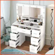 Large Vanity Table Set White Dressing Table with 7 Drawers and LED Lights Mirror