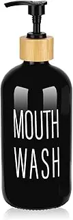 Pump Mouthwash Dispenser, Glass Mouthwash Container for Bathroom Countertop, Mouth Wash Bottle Decanter, Black, Printed Font