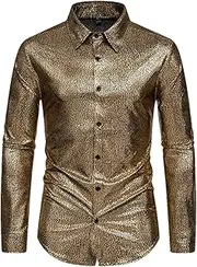 [Generic] Shiny Red Bronzing Party Shirt for Men Long Sleeve Metallic Disco Party Costume Shirt Party Wedding Stage