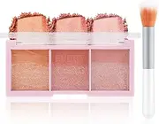 Apooliy 3 Colors Blush Palette，Blush Powder for Cheeks Makeup，Glitter Blusher with Brush，Long Wear，Highly Pigmented