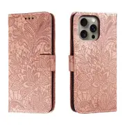 For iPhone 16 Pro Max Case, PU Leather Floral Lace Cover, Rose Gold