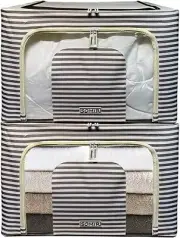 Somir 66L Clothing Storage Bag Organizer with Steel Frame 2 Pack Coffee Stripe