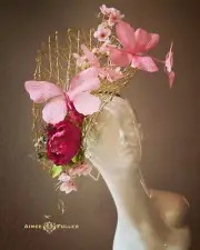 Golden Royal Ascot Hat Fascinator Kentucky Derby Hat Gold Pink Peony Butterflies