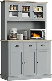 Betterhood 71" Tall Kitchen Pantry Storage Cabinet with Microwave Shelf & Countertop, Freestanding Kitchen Hutch Cabinet with Glass Doors & Drawers, Cupboard Cabinet for Kitchen, Dining Room, Grey