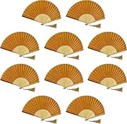 FANSOF.FANS Pack of 10 Silk Fabric Fan with a Tassel Grade A Bamboo Ribs Party Favour Handheld Fan (Dark Gold Yellow)