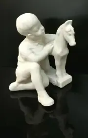 9924056-ds Porcelain Figurine Boy With Horse White Wagner&Apel H13cm