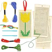 Udewo 14 Pcs Wooden Cross Stitch Kits, Wooden Bookmark Cross Stitch Kits Embroidery Set Cross Stitch Bookmark Threads with Cross Stitch Frame, Needles, Ribbons for Children Beginners Arts Crafts