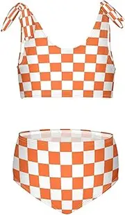 [Dussdil] White Orange Checkerboard Girls Tankini Sets Bikini 2 Piece Bathing Suits Swimsuits for Kids