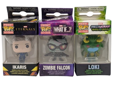 3-Funko Pocket Pop! Marvel Monster Hunters LOKI-Ikaris-Zombie Falcon-Keychains.