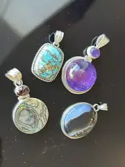 Lot Sterling Silver Pendant Natural Stones Abalone Agate Turquoise Mystery LOOK