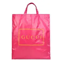 在飛比找ETMall東森購物網優惠-GUCCI 塗層帆布印花LOGO購物手提包(黃x粉)