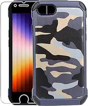 VerTreV Camouflage Case for iPhone SE 2022 3rd Generation and iPhone SE 2020 2nd Generation with Screen Protector,Camo Cover for iPhone 8 and iPhone 7-Camo Blue