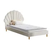 Oikiture Bed Frame Single Size Scallop-Shape Bedhead White Boucle with Mattress
