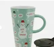 St. Nicholas Square Snowman Travel Mug with lid- Glass, NEW, never used