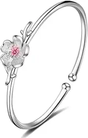 Retro Bracelet925Sterling Silver Bangle Women 925 Silver Bracelet Hand Carve Cherry Blossoms Cuff Bangle Vintage Bracelet Ladies Silver Jewellery Birthday